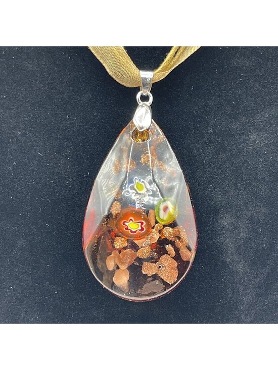 Handmade Jewelry - Art Glass Millefiori Pendant Amber and Copper with Orange Blue Green Flowers